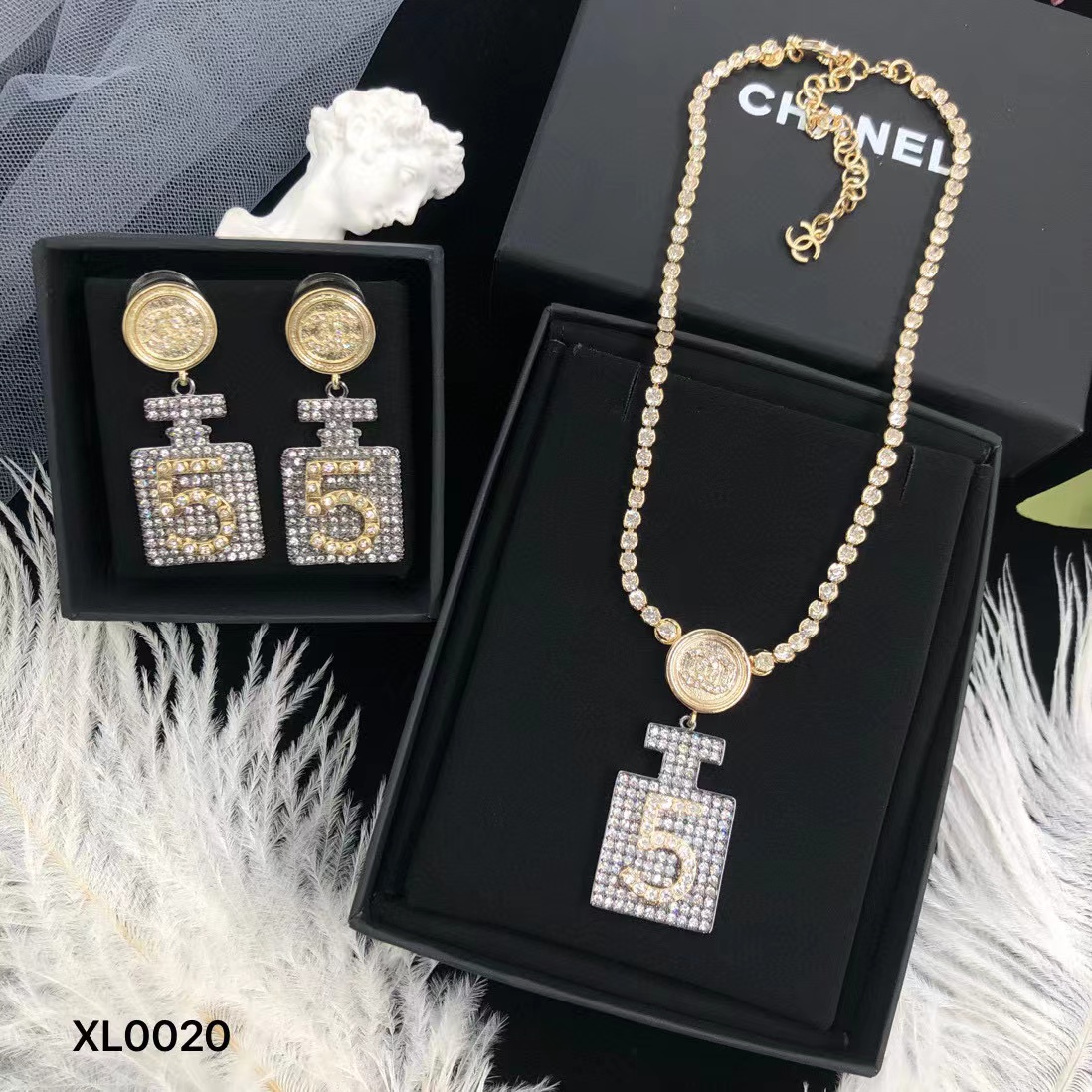 CHANE1 香水ボトル イヤリング+ネックレス 2点セット【50％割引+送料無料】