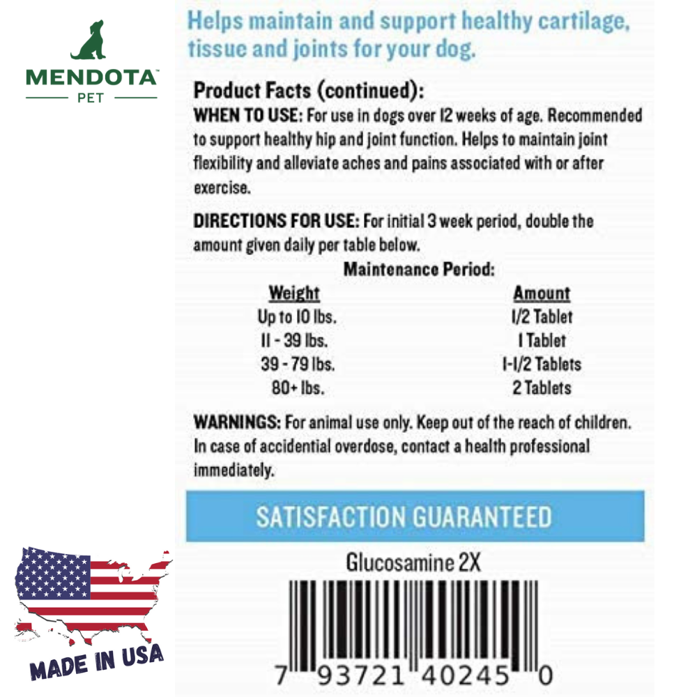Mendota Pet Glucosamine 2X - 60 Tablets - Dog Hip & Joint Tablets