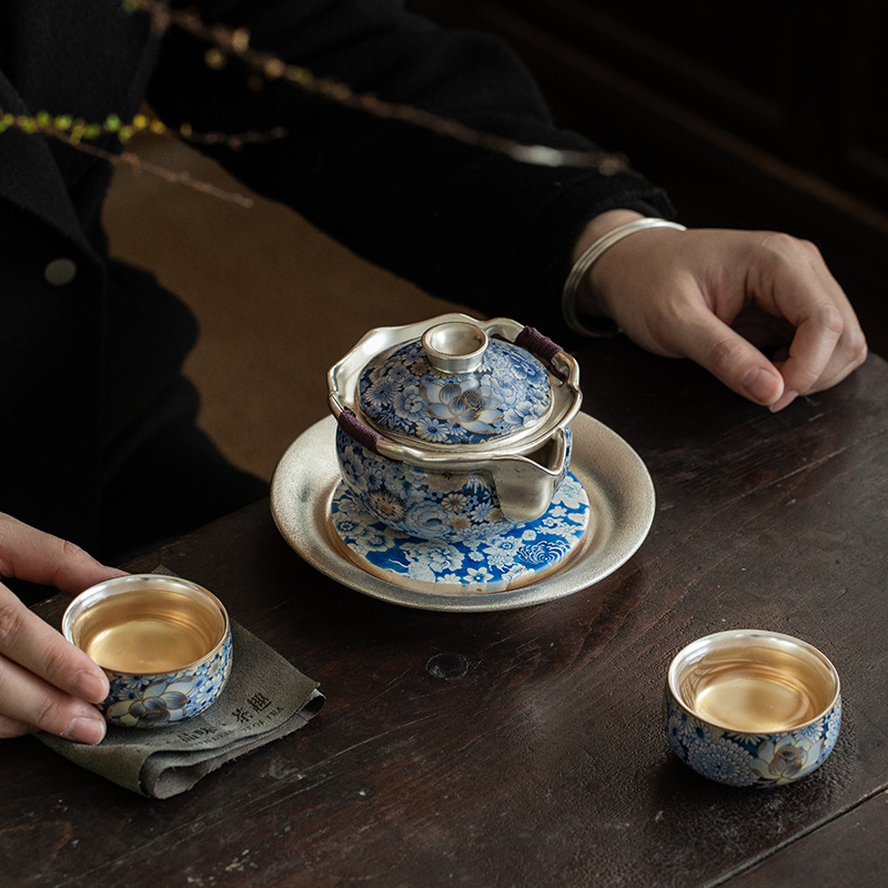 繁花手抓壺1壺二杯+茶承茶具套裝