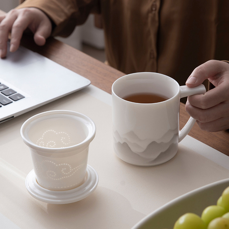 羊脂玉千里江山泡茶陶瓷茶水分離杯