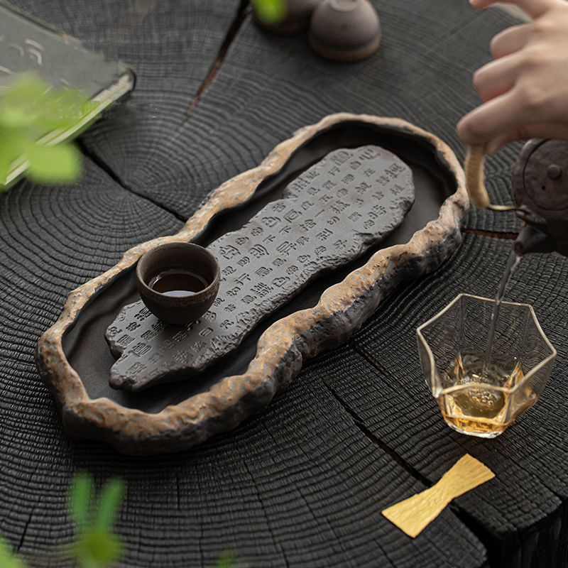 粗陶鎏金荷塘幹泡禪意茶盤