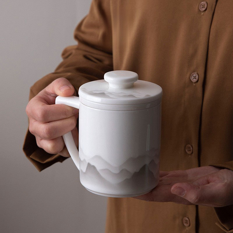 羊脂玉千里江山泡茶陶瓷茶水分離杯