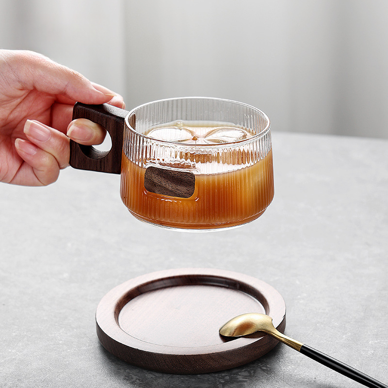 胡桃木柄耐熱玻璃咖啡杯碟帶把手高顏值禮盒套裝