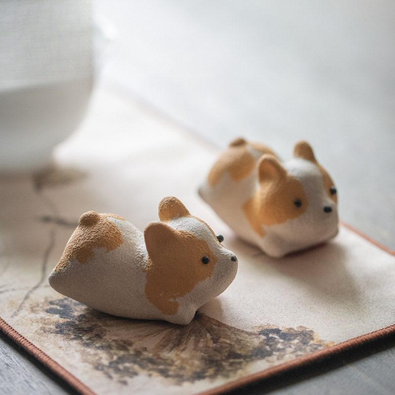 紫砂茶宠摆件 创意手工陶瓷可爱柯基茶玩盖置 