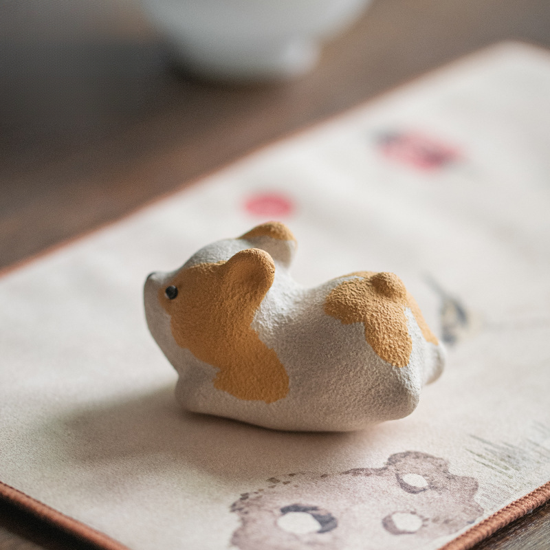 紫砂茶宠摆件 创意手工陶瓷可爱柯基茶玩盖置 