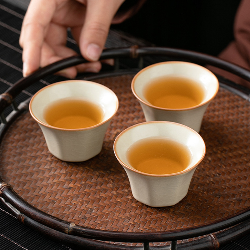 米黃汝窯品茗杯八棱杯