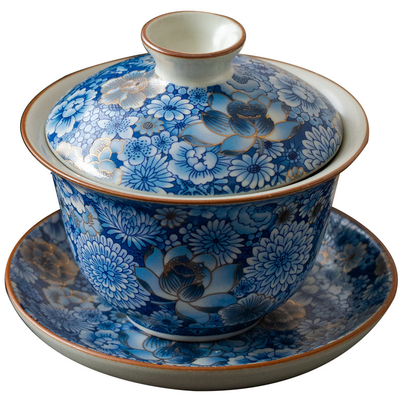 青花繁花三才蓋碗泡茶碗