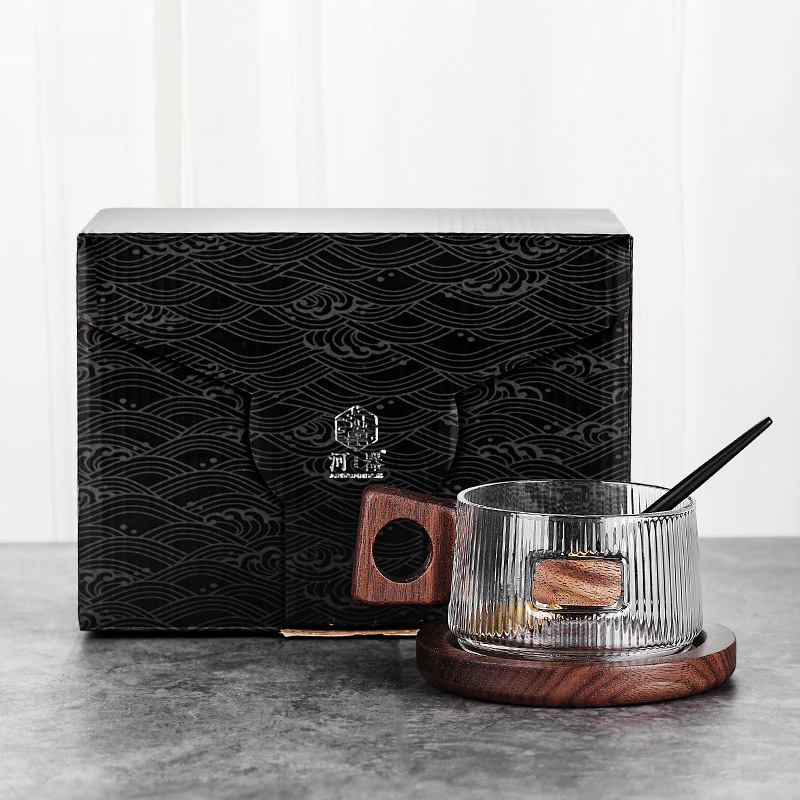 胡桃木柄耐熱玻璃咖啡杯碟帶把手高顏值禮盒套裝