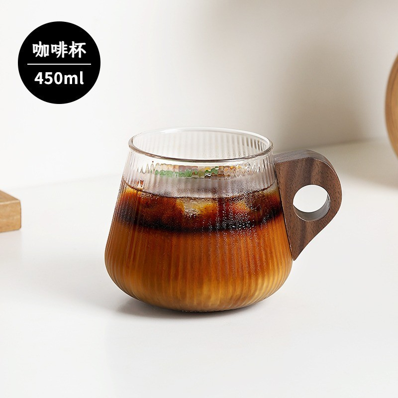 胡桃木柄耐熱玻璃咖啡杯碟帶把手高顏值禮盒套裝