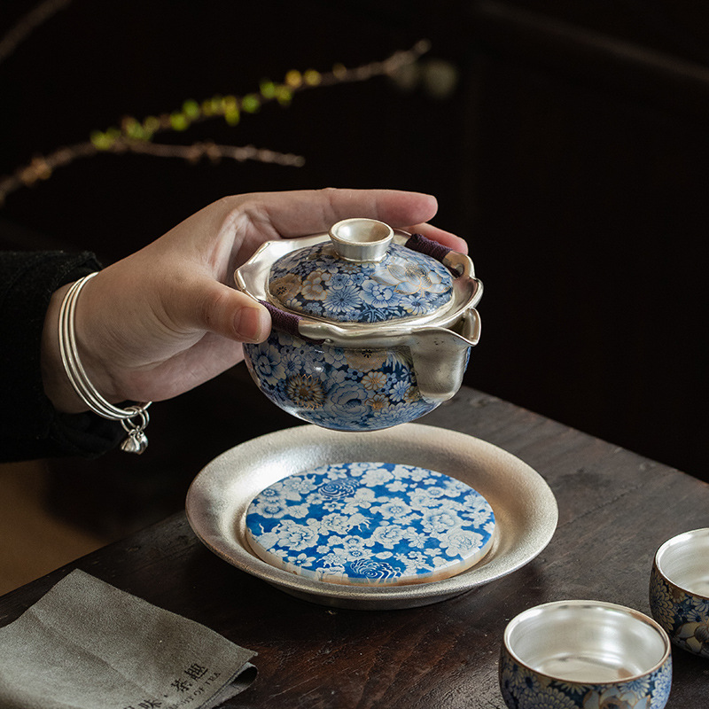 繁花手抓壺1壺二杯+茶承茶具套裝