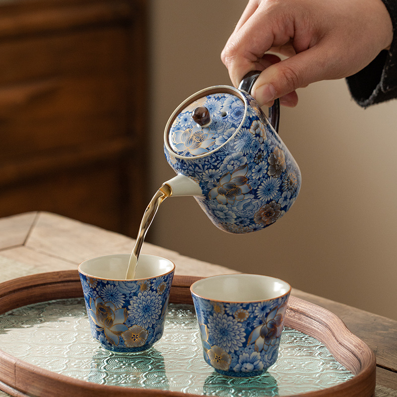 繁花汝窯直身壺茶杯禮盒