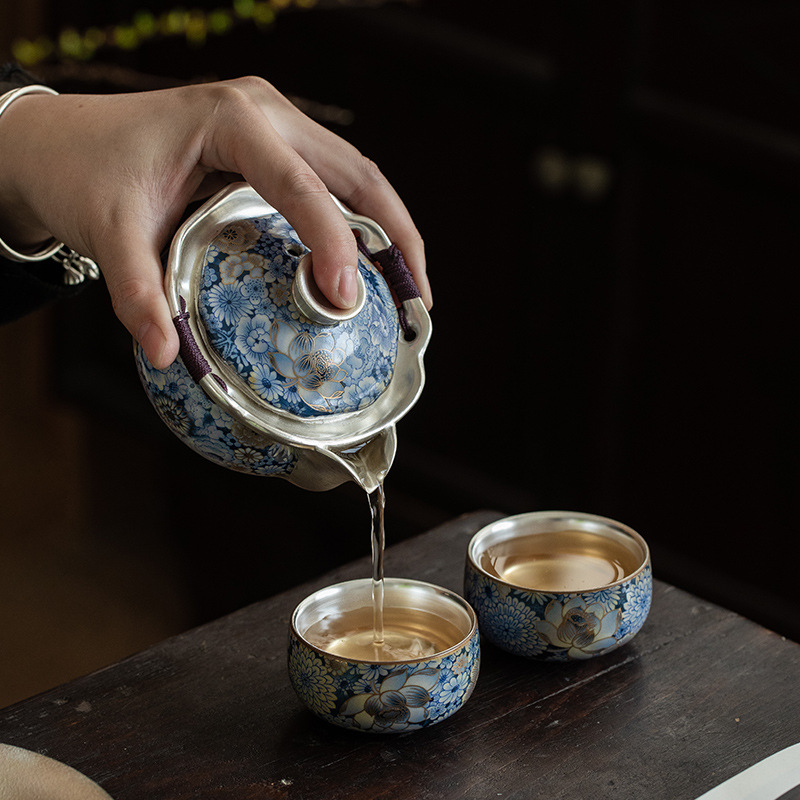 繁花手抓壺1壺二杯+茶承茶具套裝