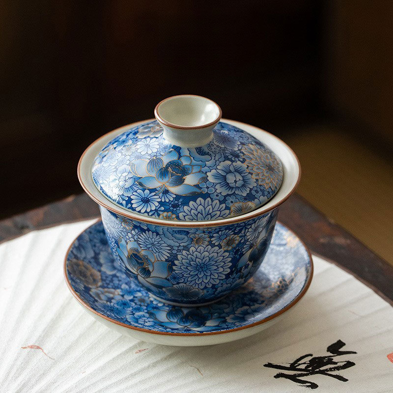 青花繁花三才蓋碗泡茶碗