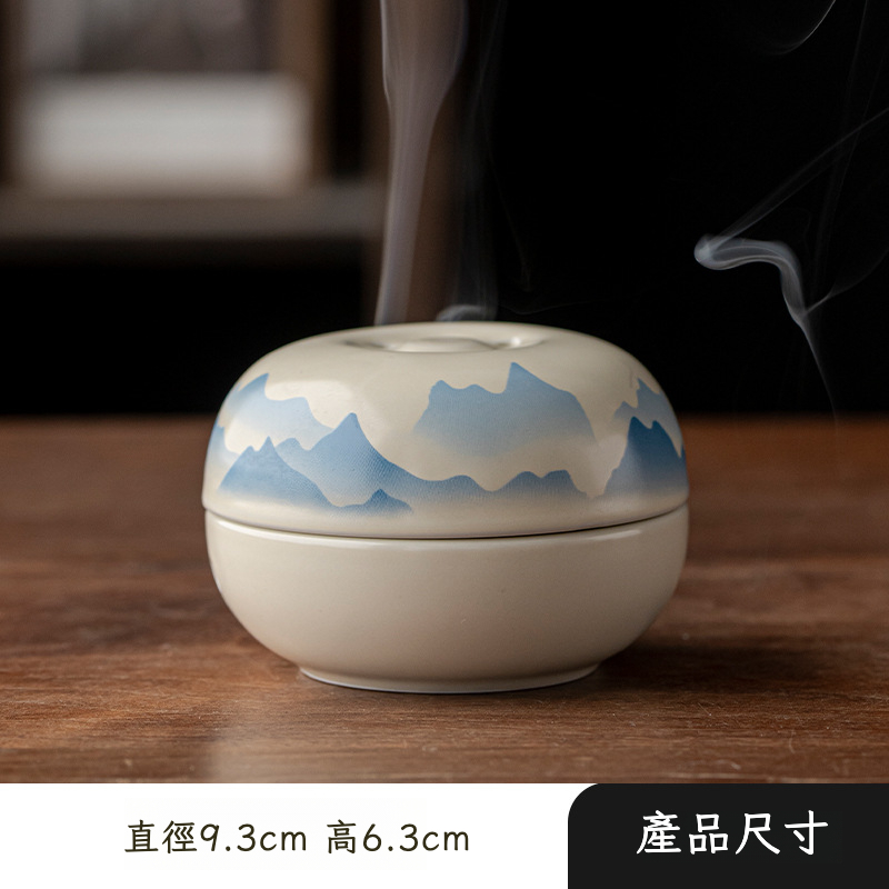 草木灰手繪山水陶瓷香爐室內擺件