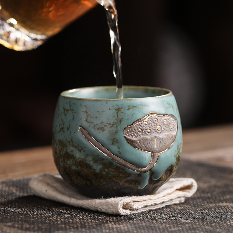 蓮蓬荷花浮雕四季杯