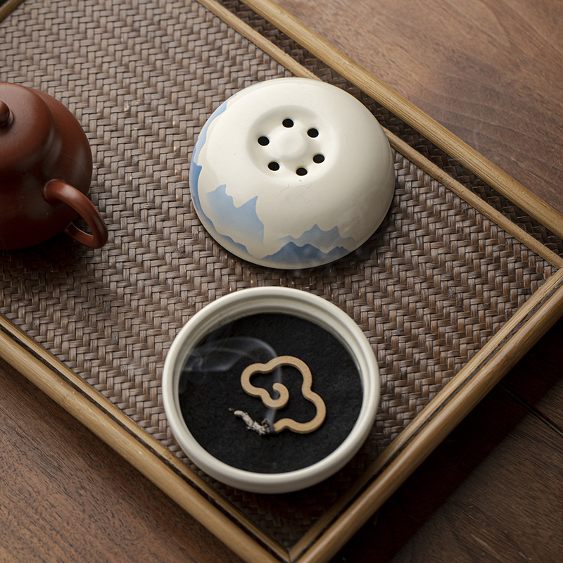 草木灰手繪山水陶瓷香爐室內擺件