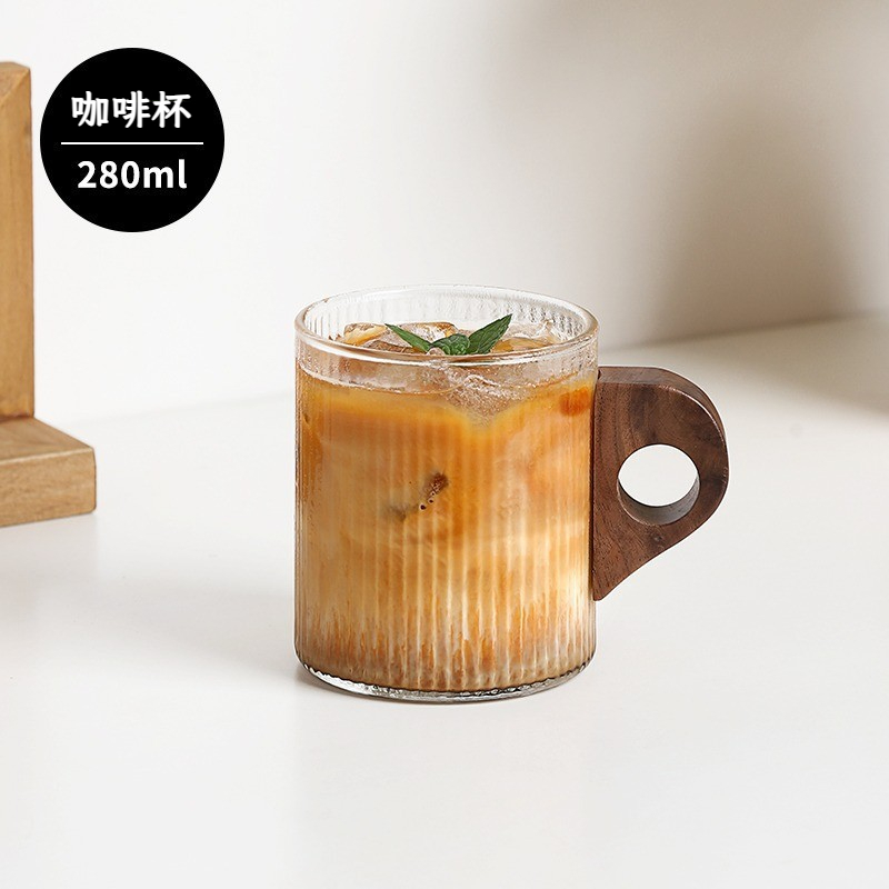 胡桃木柄耐熱玻璃咖啡杯碟帶把手高顏值禮盒套裝