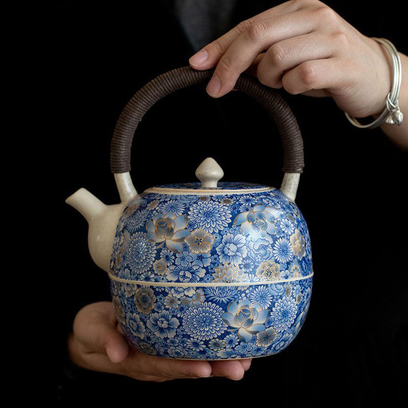 印花蕃蓮雙耳扁壺 坭兴陶叶开科大师浮雕荷花茶壶Chinese Nixing Pottery Hand