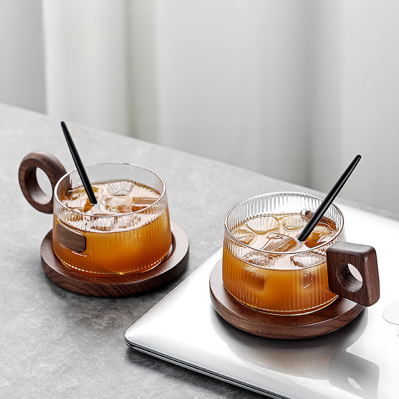 胡桃木柄耐熱玻璃咖啡杯碟帶把手高顏值禮盒套裝