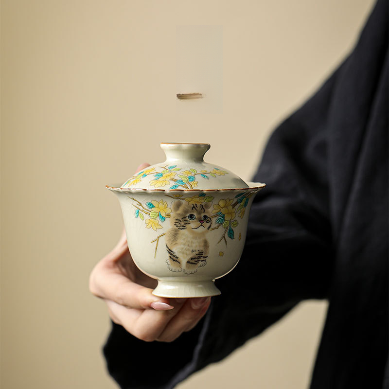 汝窯米黃萌貓二才蓋碗