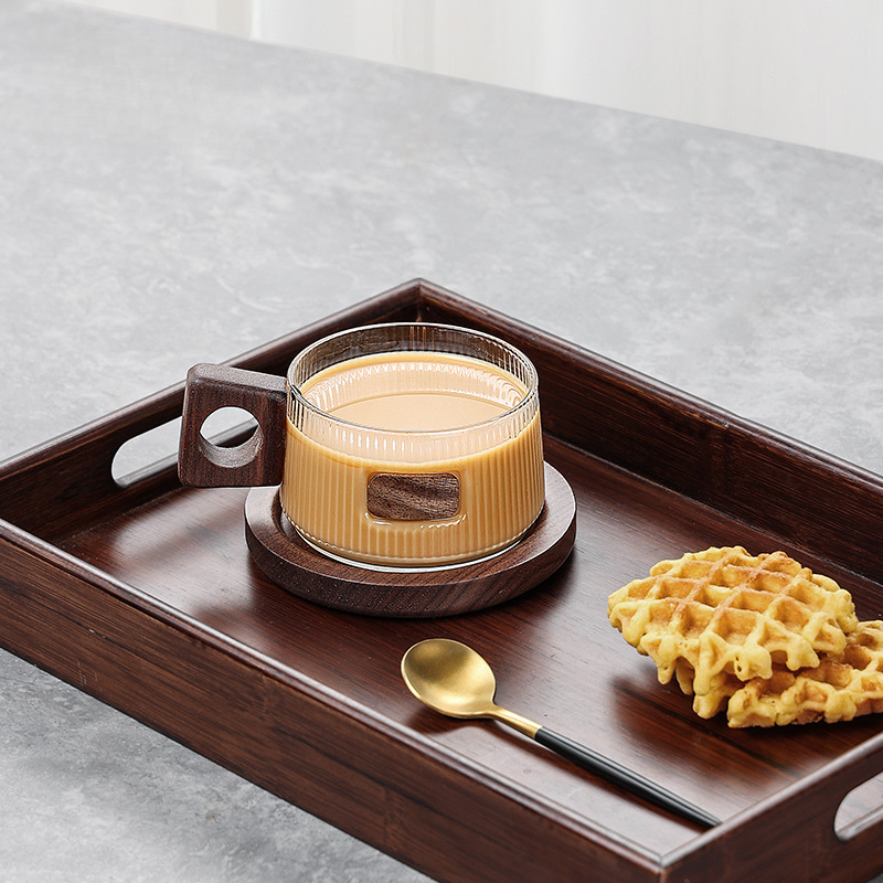 胡桃木柄耐熱玻璃咖啡杯碟帶把手高顏值禮盒套裝