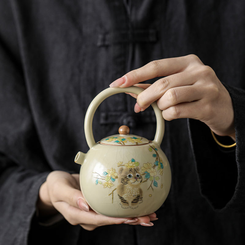 汝窯萌貓瓷把提梁壺
