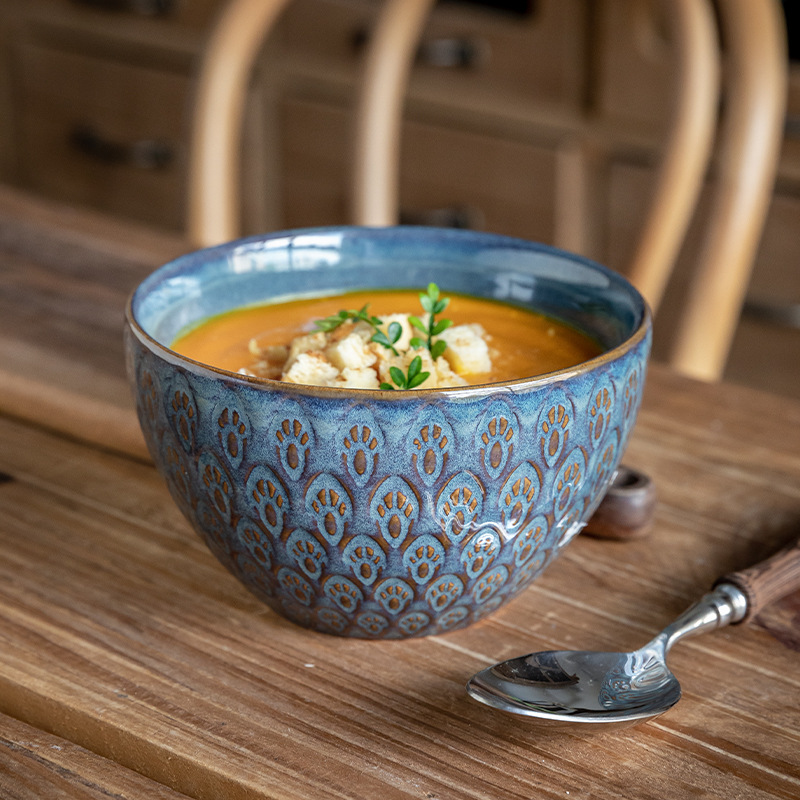 復古孔雀紋浮雕飯碗