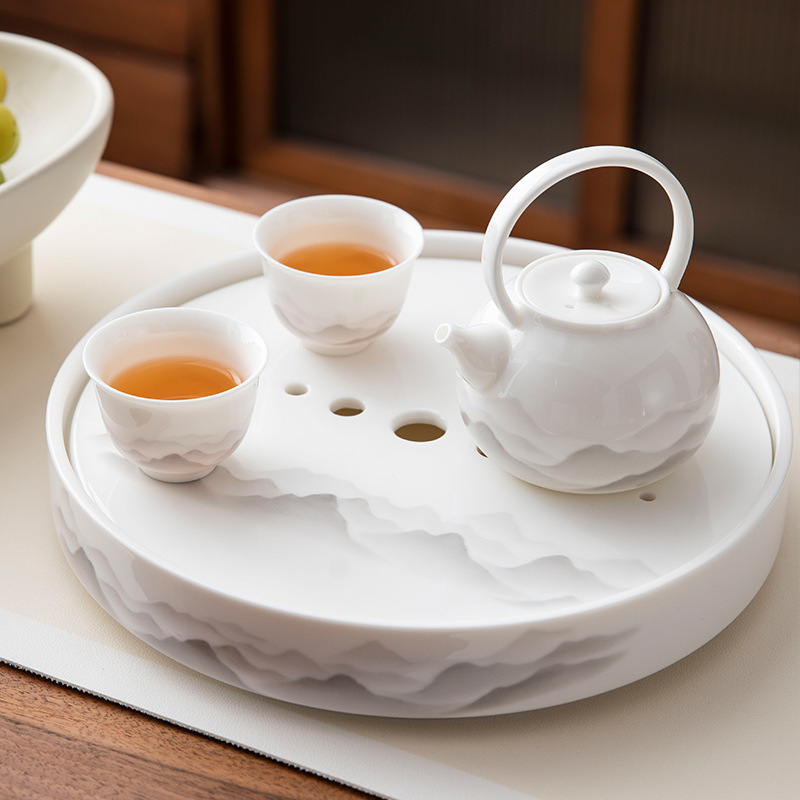 羊脂玉圓形水墨白瓷茶盤干泡臺