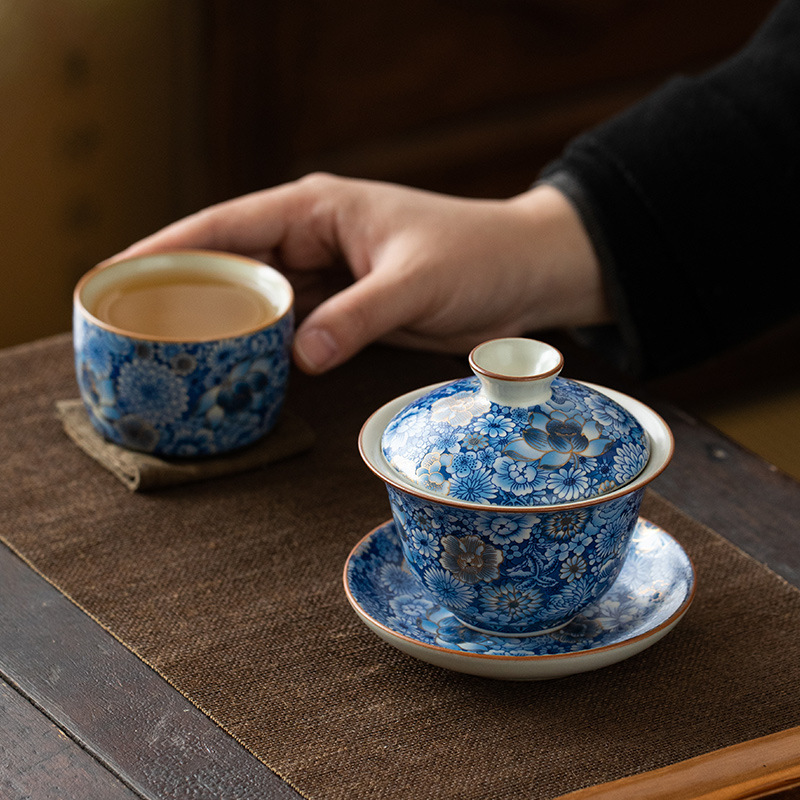 青花繁花三才蓋碗泡茶碗