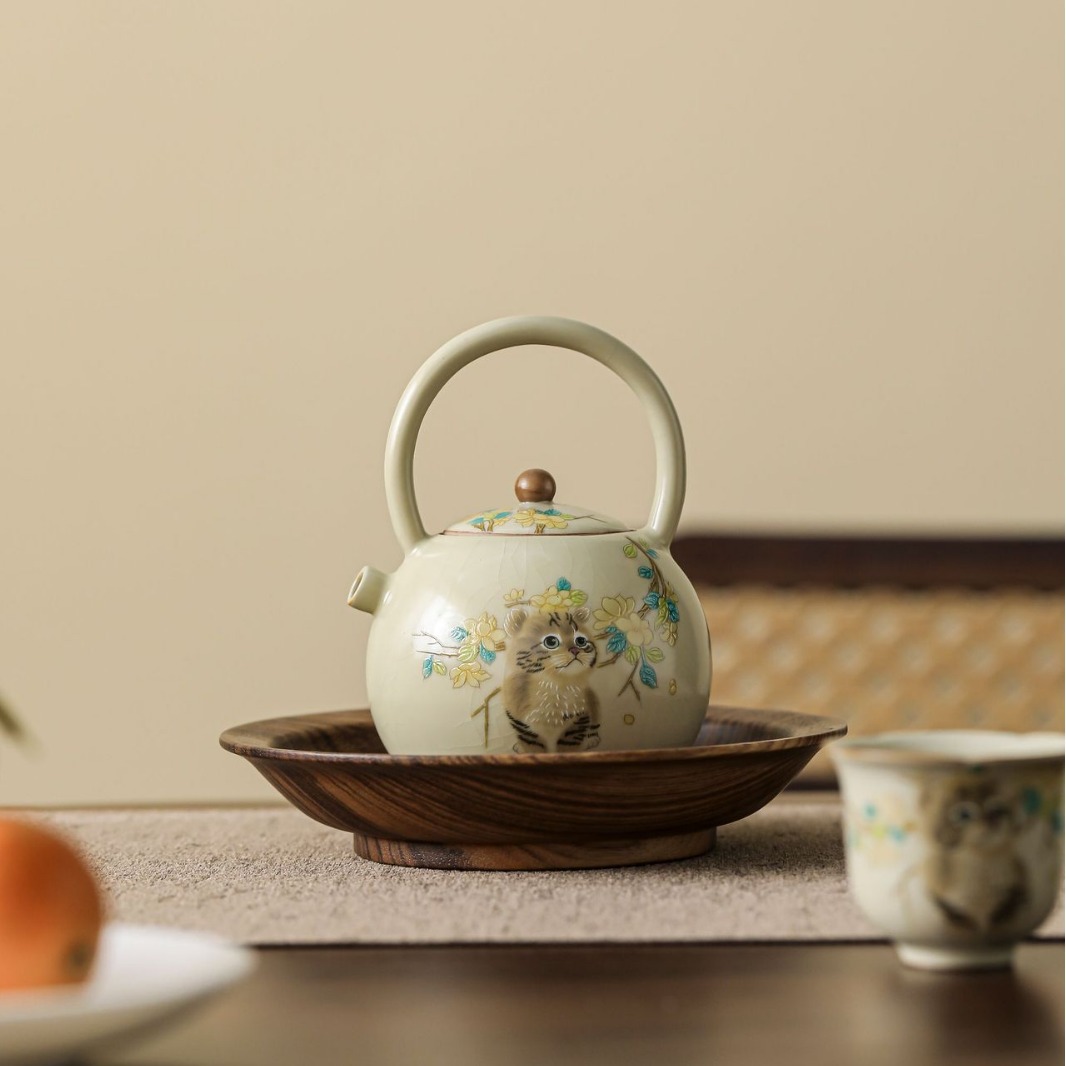 汝窯萌貓瓷把提梁壺