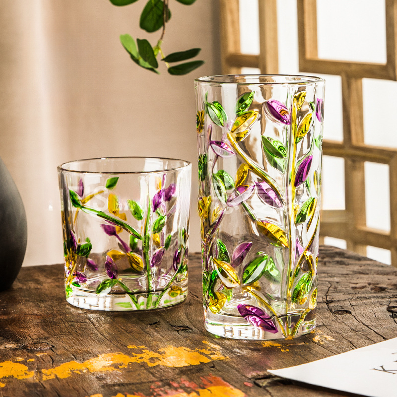 手工彩繪樹枝玻璃刻畫水杯