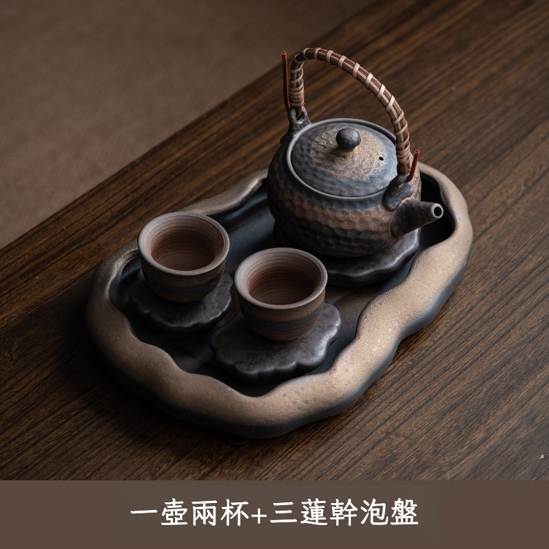 粗陶鎏金荷塘幹泡禪意茶盤