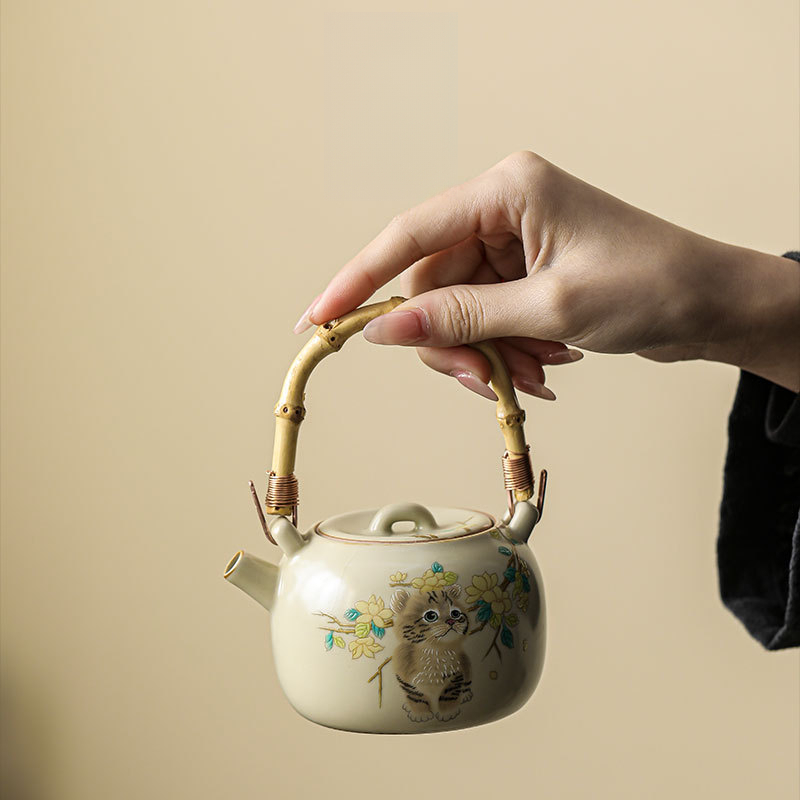 米黃汝窯貓咪提梁壺