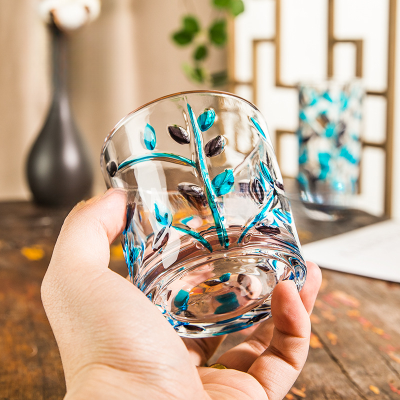 手工彩繪樹枝玻璃刻畫水杯