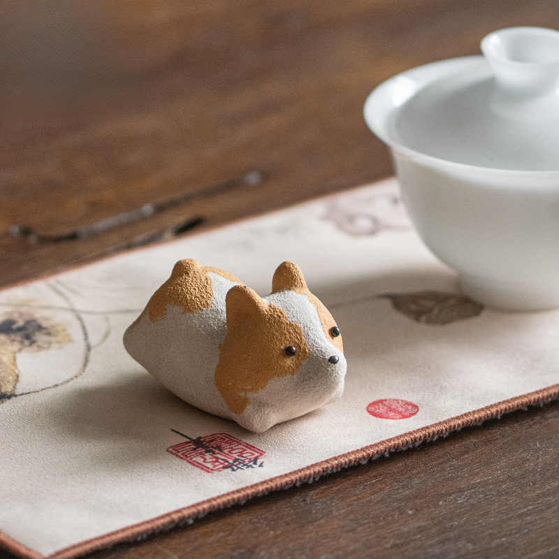 紫砂茶宠摆件 创意手工陶瓷可爱柯基茶玩盖置 
