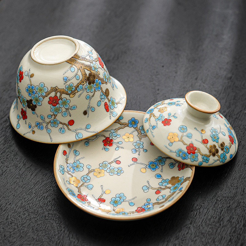 汝窯金梅復古青花三才蓋碗