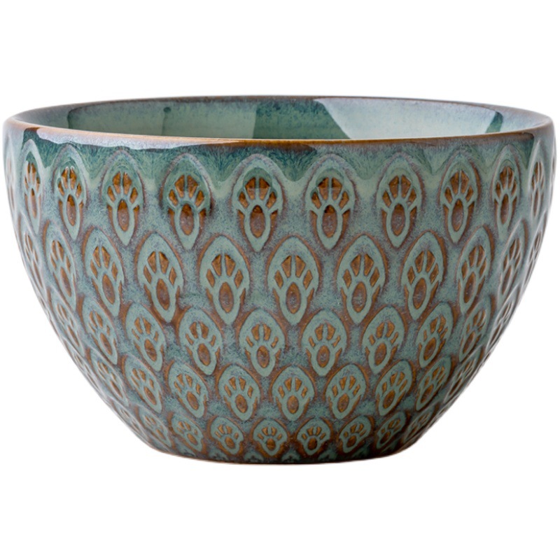 復古孔雀紋浮雕飯碗