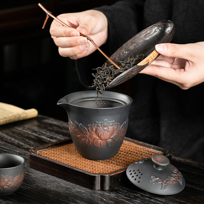 紫陶牡丹蓋碗茶壺