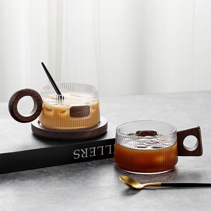 胡桃木柄耐熱玻璃咖啡杯碟帶把手高顏值禮盒套裝