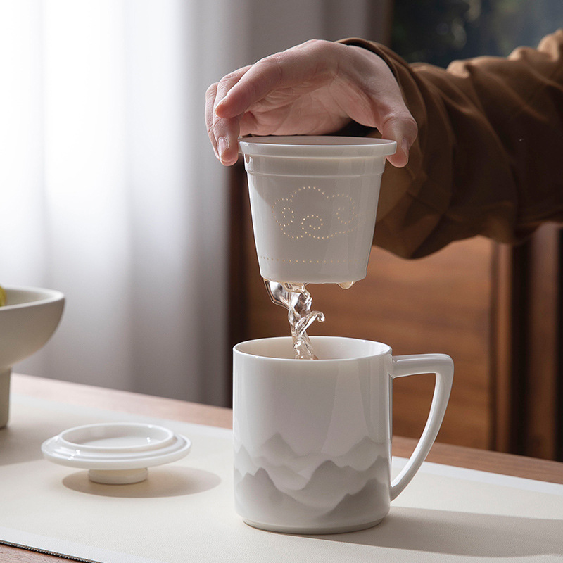 羊脂玉千里江山泡茶陶瓷茶水分離杯