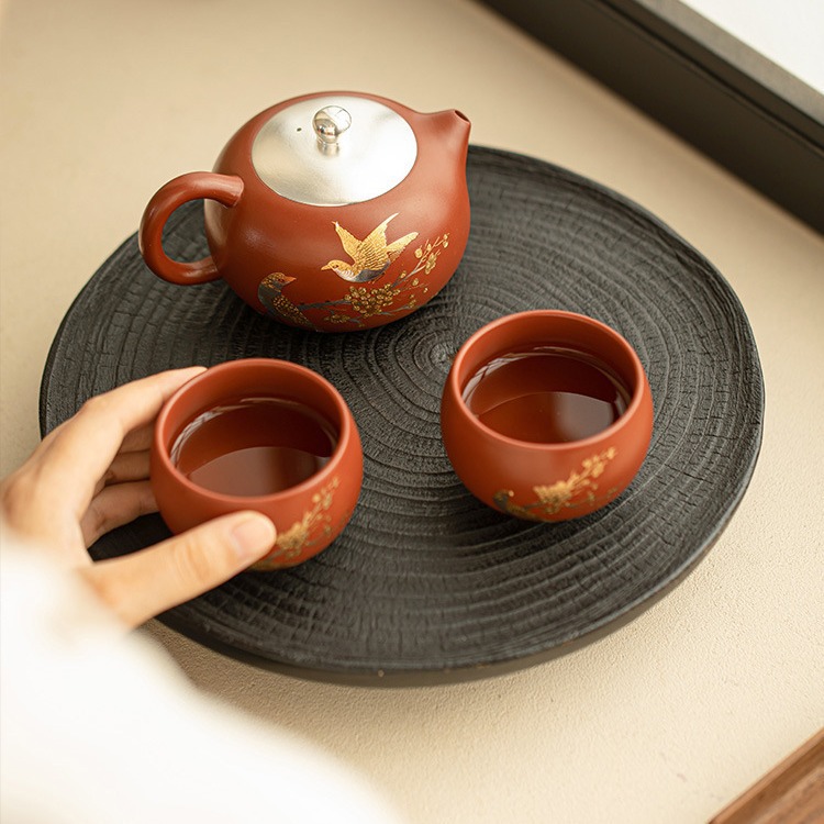 紫砂西施壺喜上眉梢高檔一壺兩杯茶壺禮盒裝