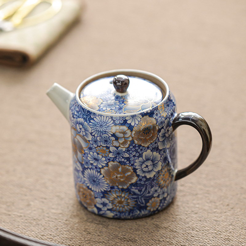 繁花青花汝窯直身茶壺
