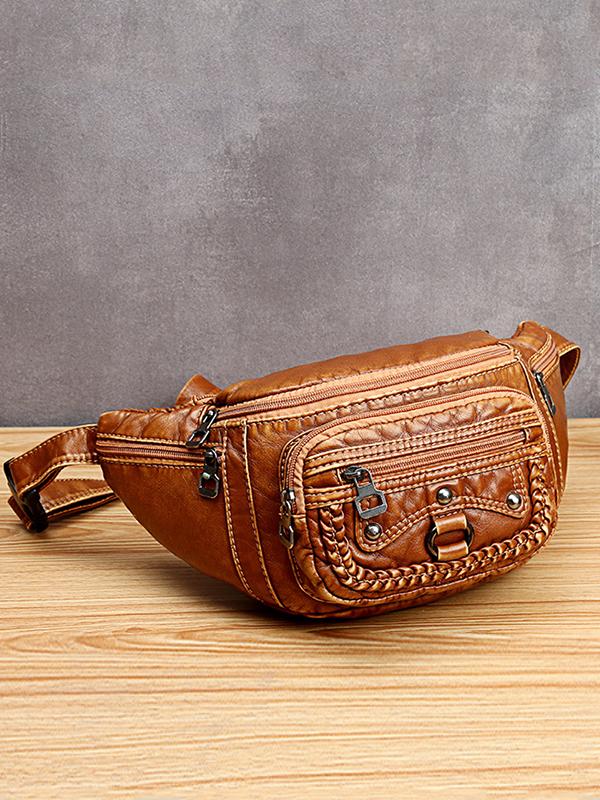 Vintage Studded Washed Leather Functional Bag mySite