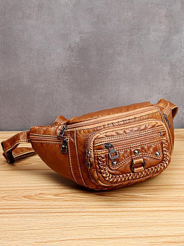 Vintage Studded Washed Leather Functional Bag mySite