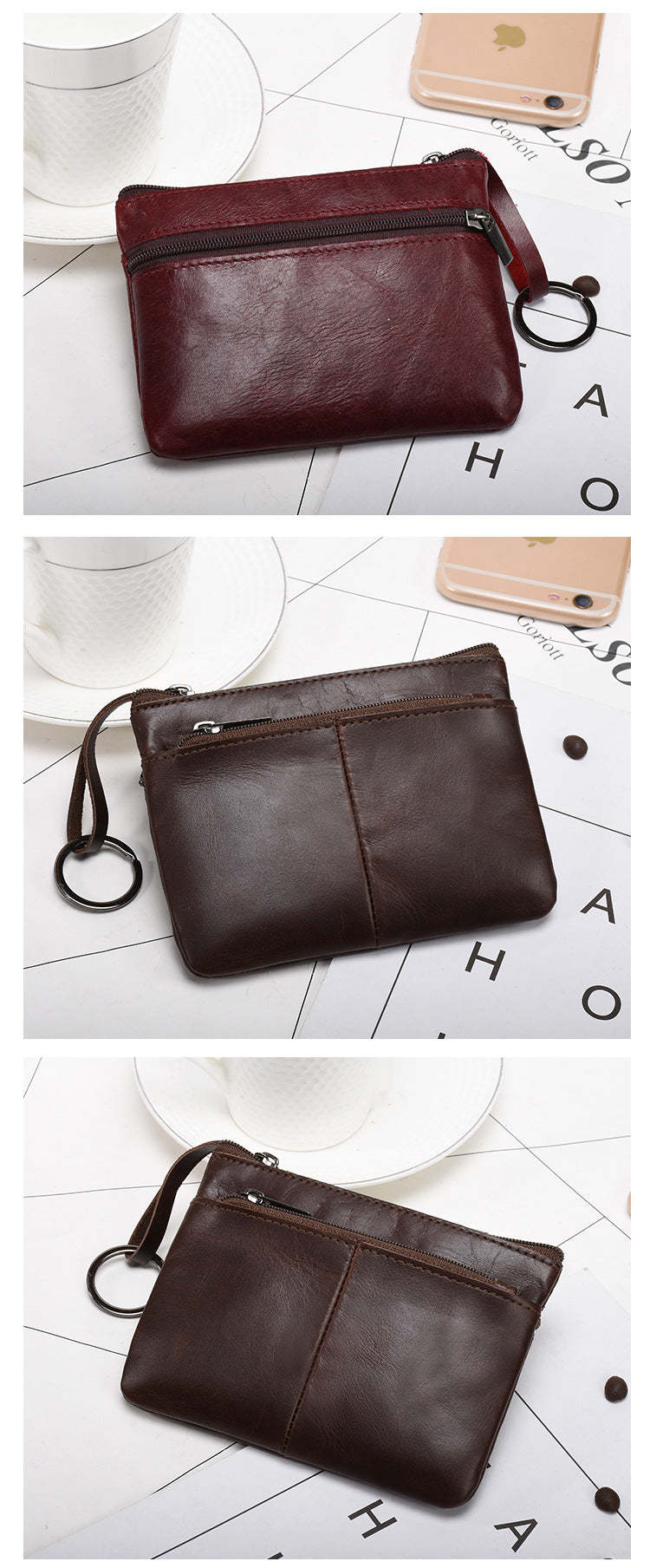 Retro zipper short cowhide small change card holder mySite