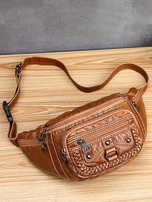 Vintage Studded Washed Leather Functional Bag mySite