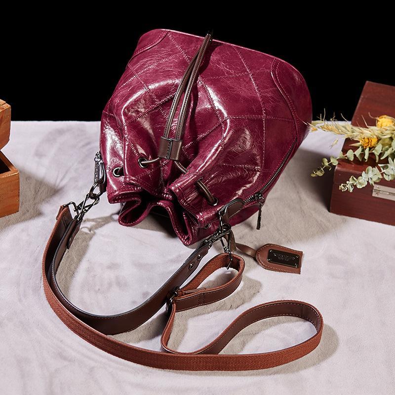 Retro Fashion Shoulder Slung Large Capacity Cable Embroidered Plaid Bucket mySite