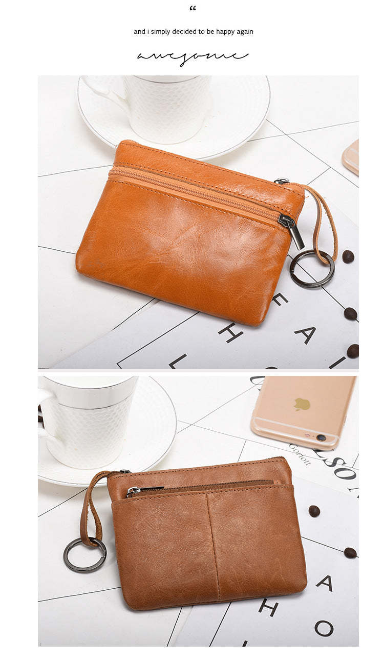 Retro zipper short cowhide small change card holder mySite