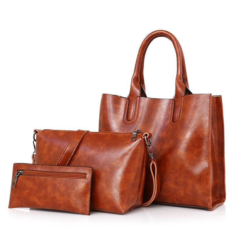 Women's new retro three-piece fashion oil wax leather large-capacity handbag mySite