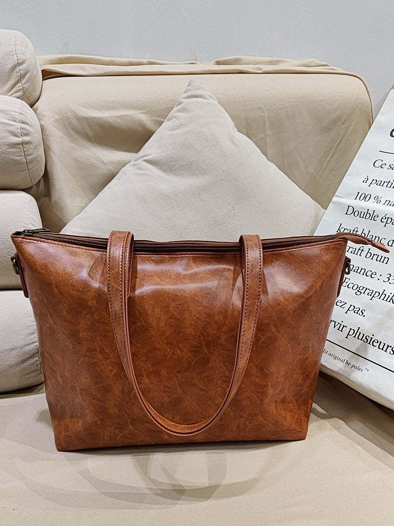 European and American vintage oil wax leather large capacity tote bag mySite